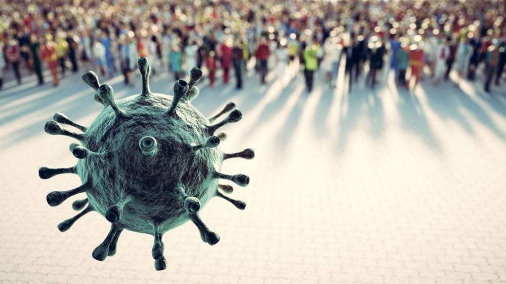 People defend from virus, coronavirus. Cells attacking people causing pandemic. 