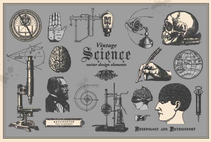 Retro graphic design elements: Vintage science—a collection of vintage drawings featuring disciplines such as medicine, phrenology, chemistry, palm reading (chiromancy) and nautical navigation.