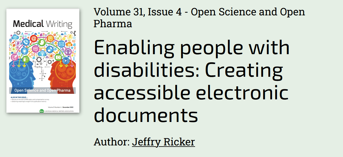 The cover of Medical Writing is shown with a decorative image. The text reads Volume 31, Issue 4 - Open Science and Open Pharma. Enabling people with disabilities: Creating accessible electronic documents. Author: Jeffry Ricker.