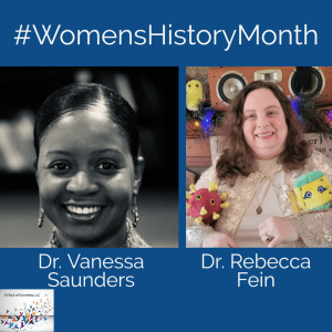 Drs. Vanessa Saunders and Rebecca Fein are showcased during #WomensHistoryMonth. Dr. Fein is holding stuffed versions of microbes such as the Zika virus and coronavirus. A Flock of Scientists, LLC, logo is displayed in the bottom left-hand corner. 